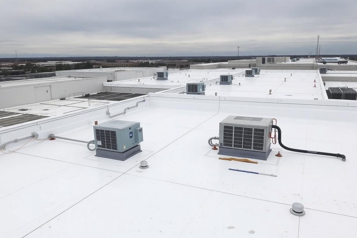 White TPO commercial flat roof with rooftop HVAC units under overcast sky