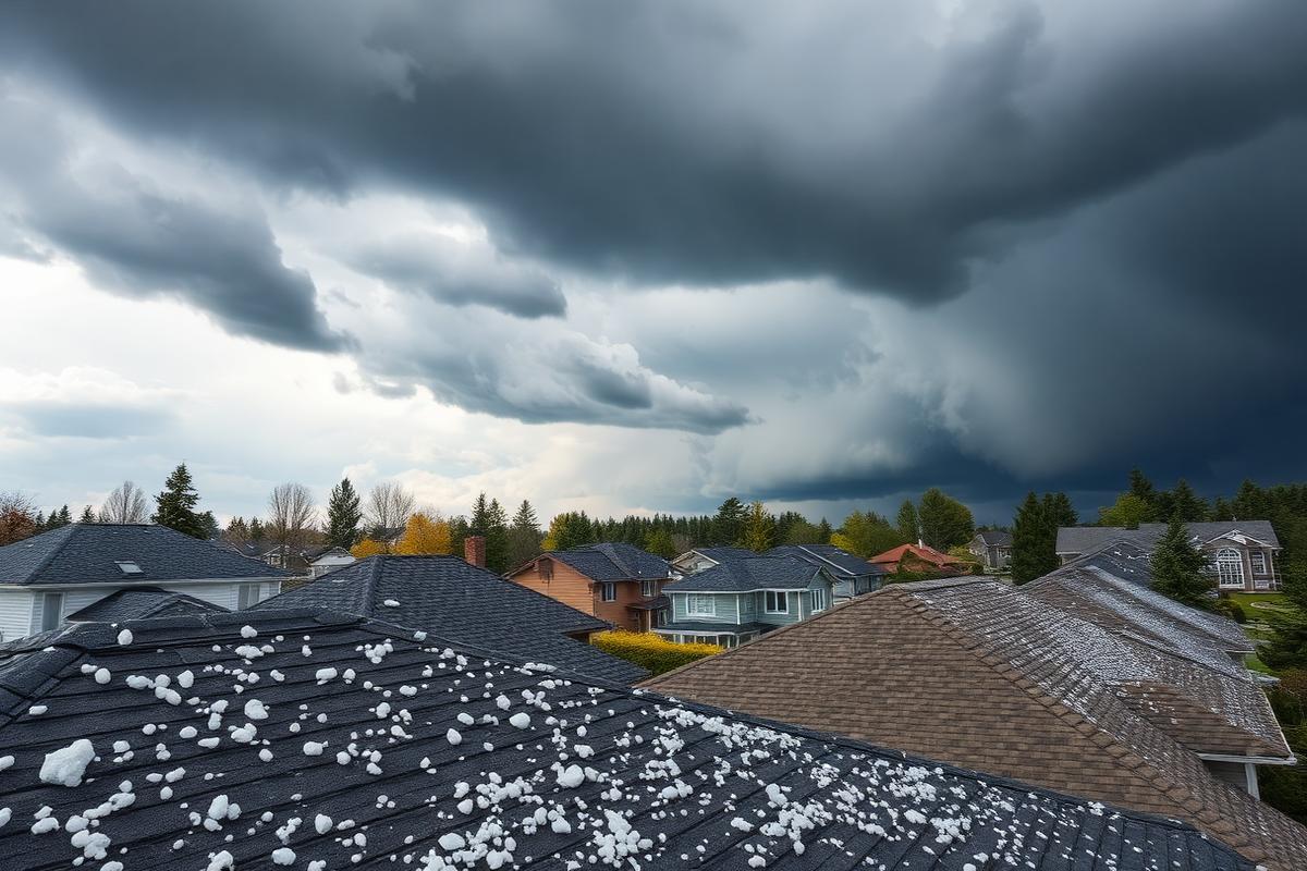 Hailstones scattered across suburban shingle roofs under a dark storm sky