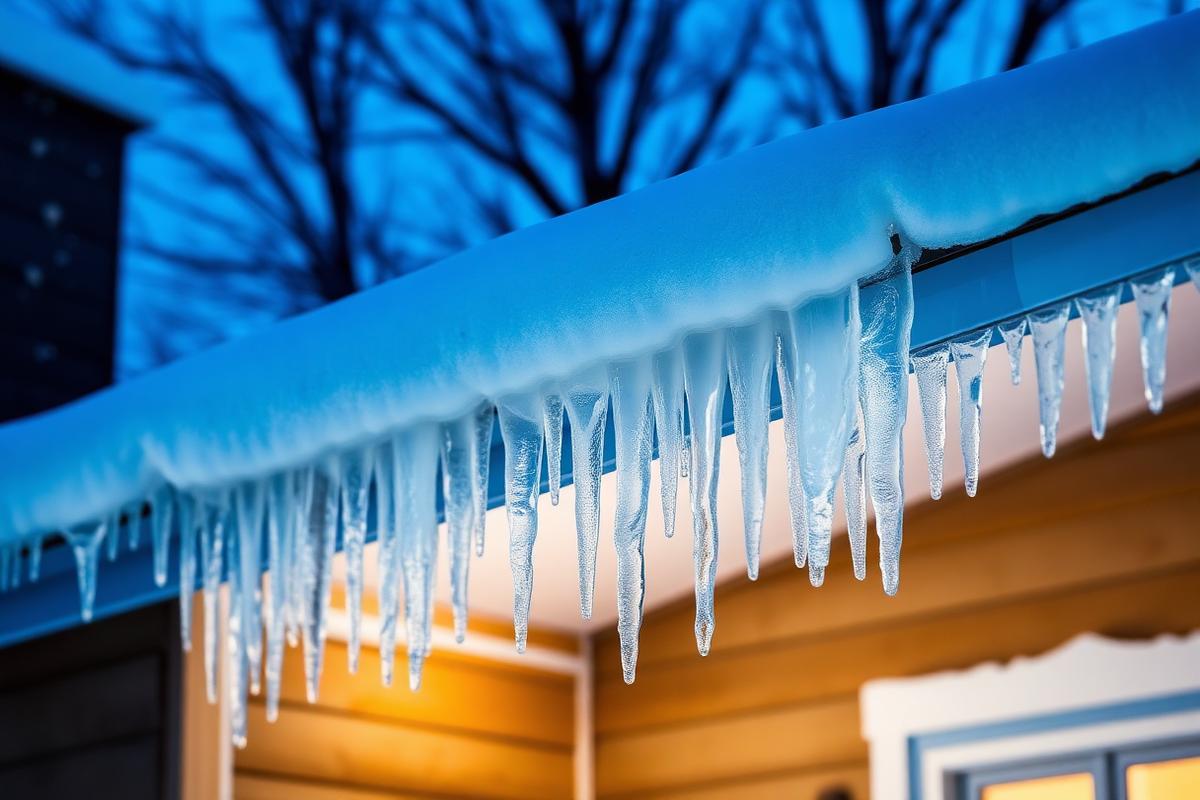 Thick ice dam and icicles along the eaves of a snow-covered Ontario house