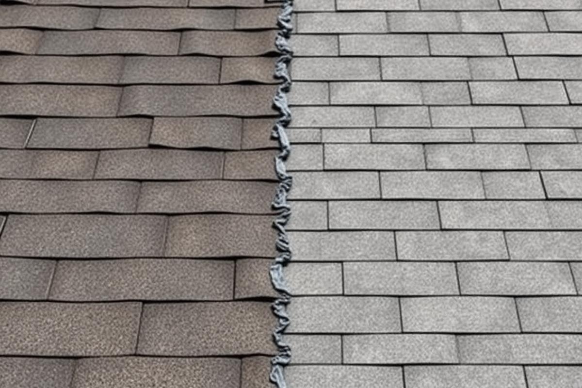 Worn curled shingles beside a section of crisp new architectural shingles