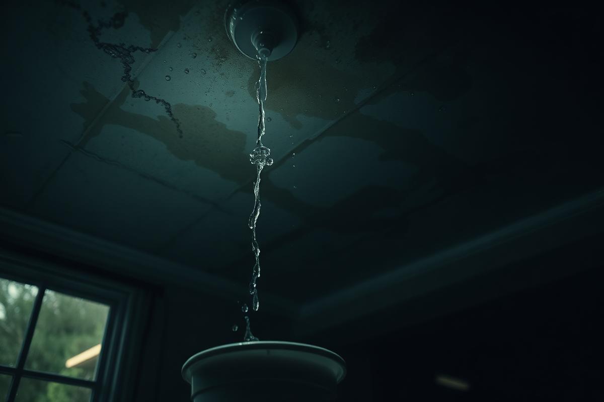 Water dripping through a stained residential ceiling into a bucket